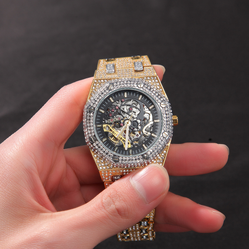 HypeMech Men's Skeleton Watch - Full Diamond Bezel With See-Through Case Back_voghion.com