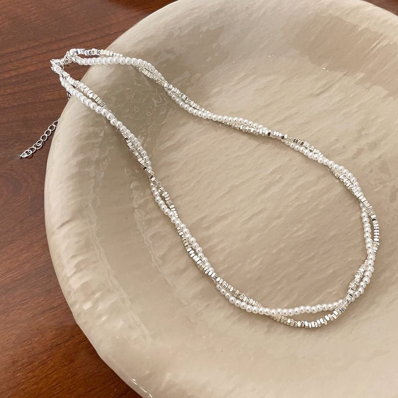 Colier dublu strat cu perle argintii rupte, nișă feminină, personalitate retro, simplu și versatil, colier cu temperament, lanț de claviculă_voghion.com