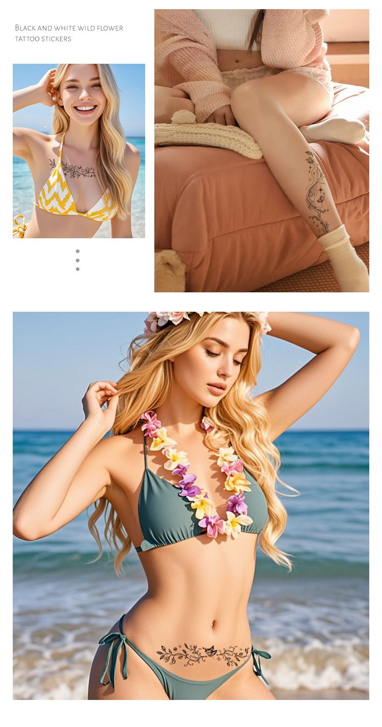 Tatuaggi temporanei con fiori selvatici - Tatuaggi sexy impermeabili in bianco e nero per braccio/petto/clavicola per donne e uomini_voghion.com