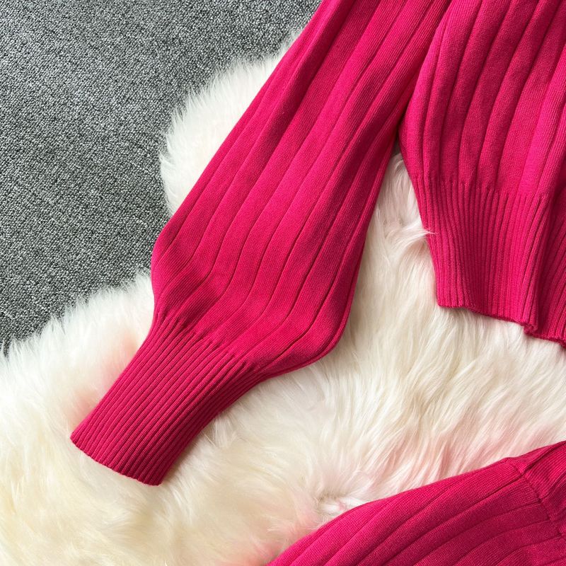 Pull côtelé à col haut pour femme, pantalon large taille haute, style décontracté, costume deux pièces_voghion.com