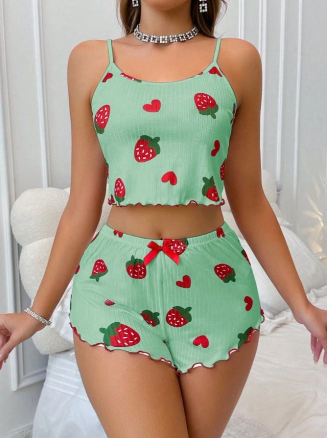 Zweiteiliges Set aus Camisole-Shorts mit Herz-Print und sexy Loungewear aus Milchseide_voghion.com