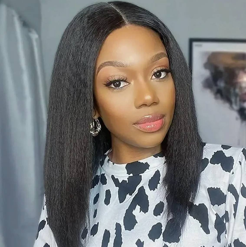 Yaki Bob perruque perruques de cheveux humains pour les femmes noires crépus droite 13x4 dentelle frontale perruque 13x5x2 partie dentelle perruque pré plumée doux Yaki perruque_voghion.com