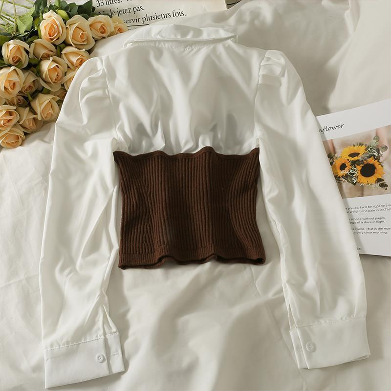 Damenbekleidung Kleines Revers Langarm Slim Fit Kurzes Hemd Weiblich Neu Gestrickt Stitching Stilvolles Top_voghion.com