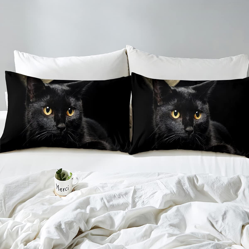Set de huse de pilotă decorative cu imprimeu animal print, model drăguț de pisică neagră, 3 piese, dimensiune super king, pisici de fermă, husă de pilotă și 2 fețe de pernă_voghion.com