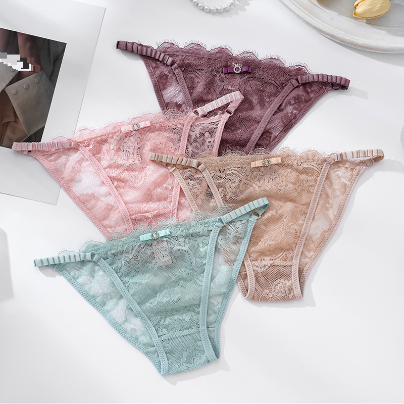 New Style Lace Sexy Temptation Transparent Thong Hot Hollow Pure Desire Ultra Thin Low Waist Thin Belt Mesh Briefs_voghion.com