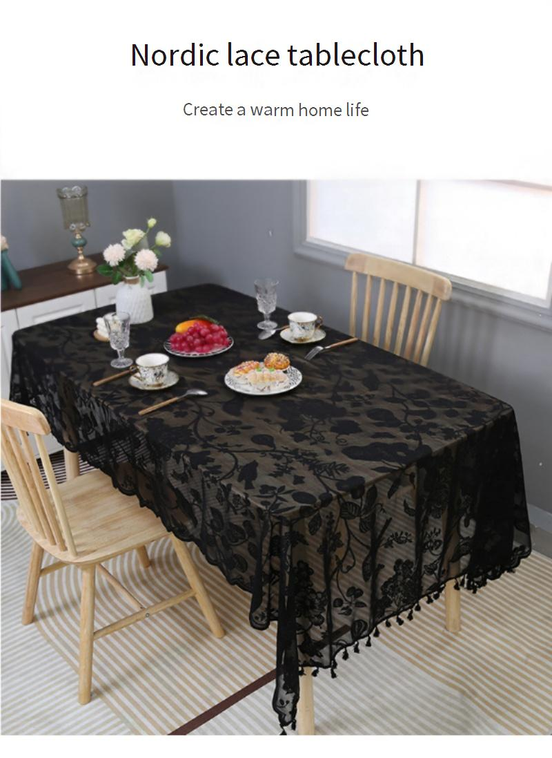 Moderne rechteckige Tischdecke mit schwarzem Blumen- und Vogelmotiv, rutschfeste Esstischdecke aus Polyester mit Tiermotiven für Couchtische und Sideboards_voghion.com