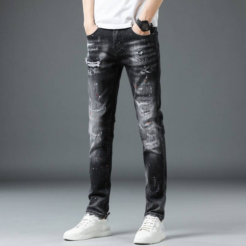Men's Slim Fit Stretch Jeans With Distressed Details - Black & Gray Washed Denim Pants For Casual Wear_voghion.com