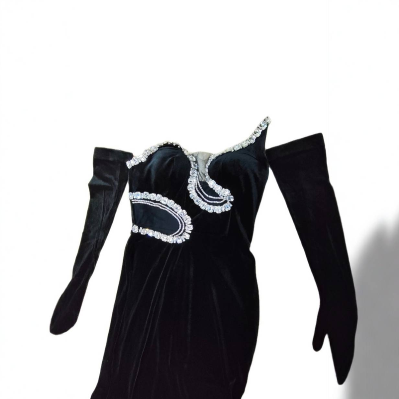 Elegant Black Beaded Strapless Gloves Evening Gown – Vintage-Inspired Long Dress For Parties & Special Occasions_voghion.com