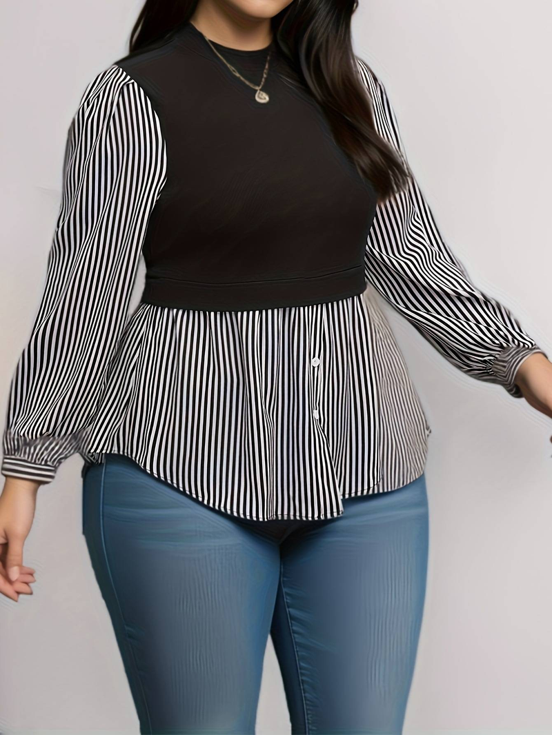 Women's Clothing Plus Size Clothes Patchwork Striped Shirt – Oversized Button-Down Blouse For Women, Loose Fit & Comfortable (0XL-4XL, Black)_voghion.com