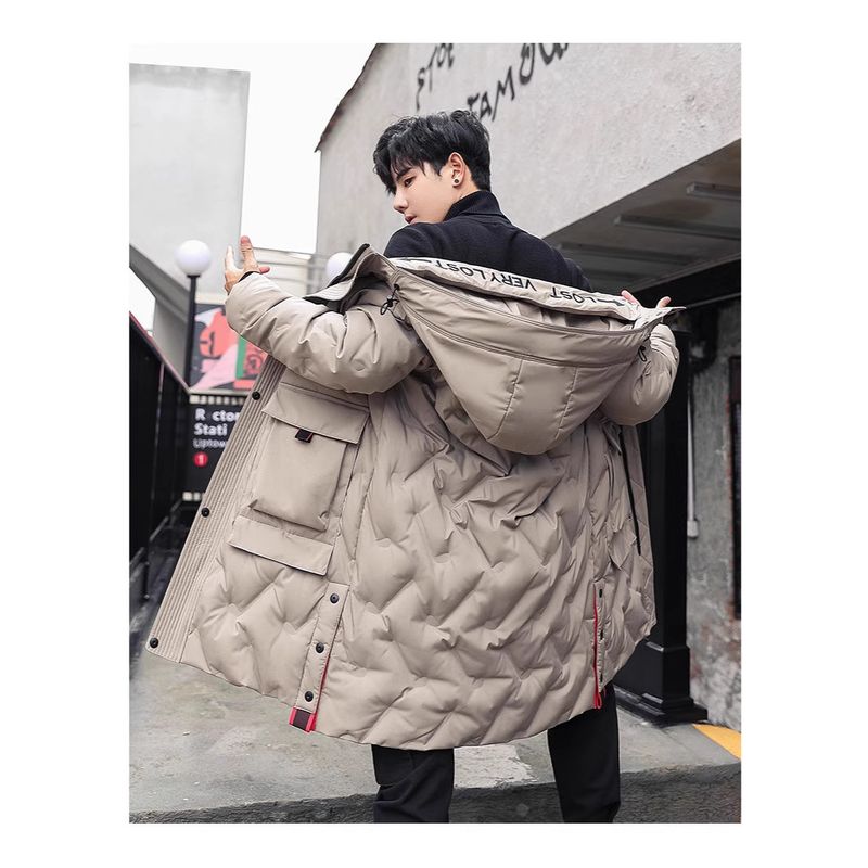 Lange Pufferjacke für Jungen im Teenageralter – 550FP Entendaunen-Wintermantel mit abnehmbarer Kapuze (Schwarz/Khaki, S-5XL, wasserabweisendes Cord-Obermaterial)_voghion.com