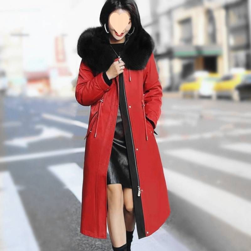 Women's Long Leather Coat With Detachable Faux Fur Lining & Oversized Collar – Knee-Length Winter Warm Trench (Multiple Colors)_voghion.com