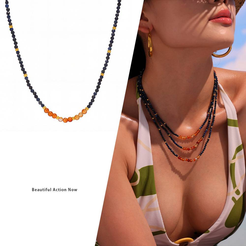 Collana con perline di lapislazzuli naturali in zolletta di zucchero per donna, super lusinghiera e luminosa, catena per clavicola in agata retrò, gioielli in stile cinese._voghion.com