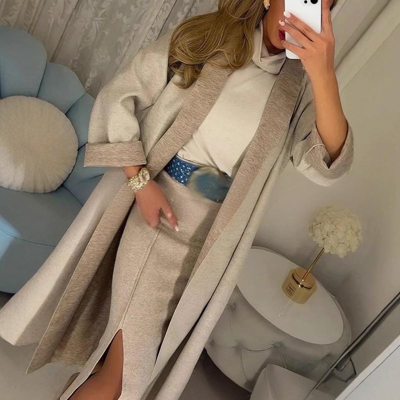 Dameskleding Fleecejas Elegante dubbelzijdige wollen jas Dames lange trenchcoat Oversized blazerstijl met gekartelde revers - Grijs & Kaki_voghion.com