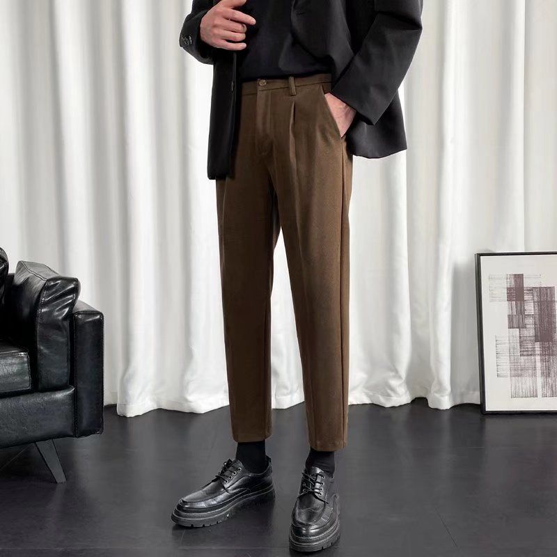 Herrenbekleidung Neue Slim Fit Temperament Winter Literarische Wollhose für Herren Casual Jugend Beliebte Einfarbig Neun Punkte Hose_voghion.com