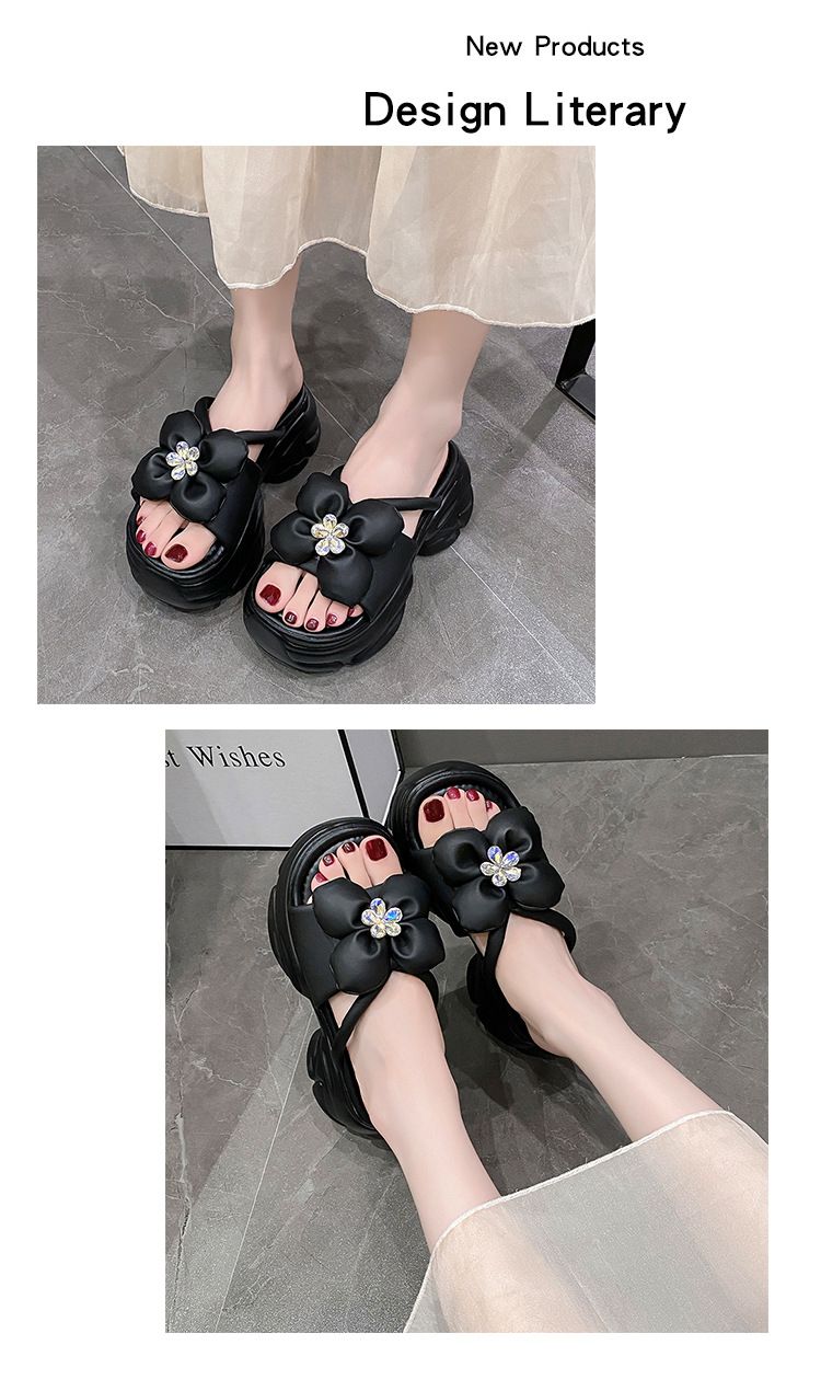 Sandálias plataforma com bico redondo, novo estilo da moda para o verão, chinelos de cunha com flores de celebridades da internet para mulheres, elegantes_voghion.com