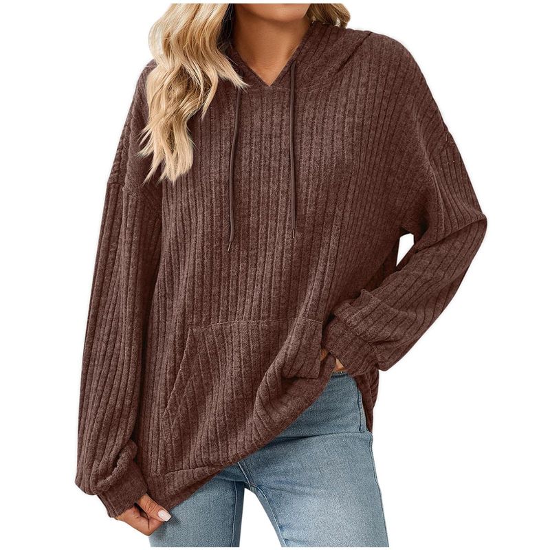 Felpa da donna con cappuccio e costine, nuova collezione autunno inverno 2025, tinta unita, manica lunga_voghion.com