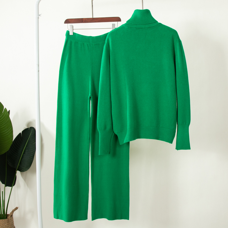 Cross-border turtleneck suit European and American 2022 autumn and winter women's turtleneck sweater + elastic waist wide-leg pants knitted suit_voghion.com