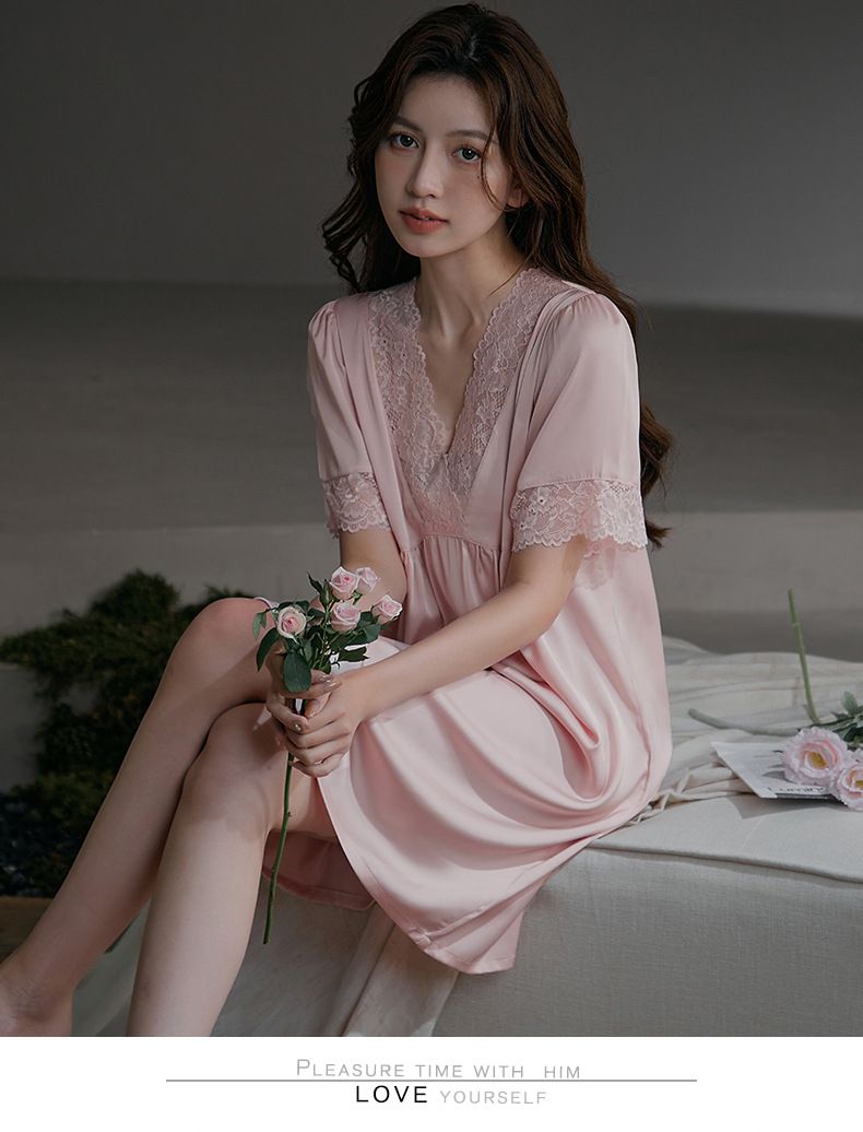Women's Sleepwears Large Lace Nightdress Medium Length Ice Silk Short Sleeved Simple Large Size Nightdress Home Clothes_voghion.com
