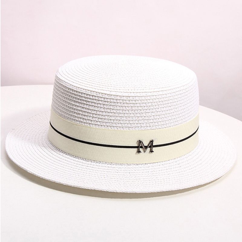 Sombrero de paja estilo canotier de ala ancha para mujer, sombrero clásico de playa con lazo plano, estilo fedora, para verano, 2024_voghion.com