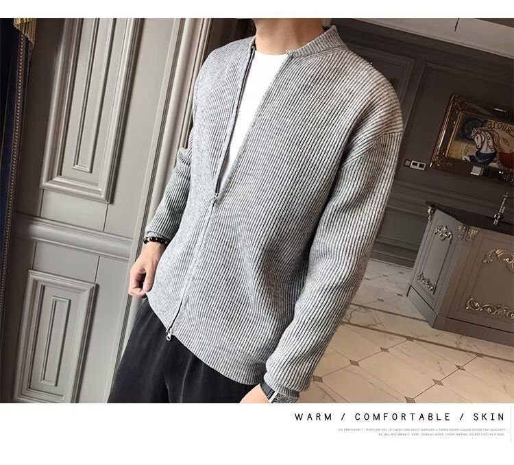 Men’s Double-Zip Knit Cardigan – Slim Fit Casual Sweater Jacket (M-3XL, 4 Colors, Breathable Polyester Blend, Wrinkle-Resistant, Korean Style)_voghion.com