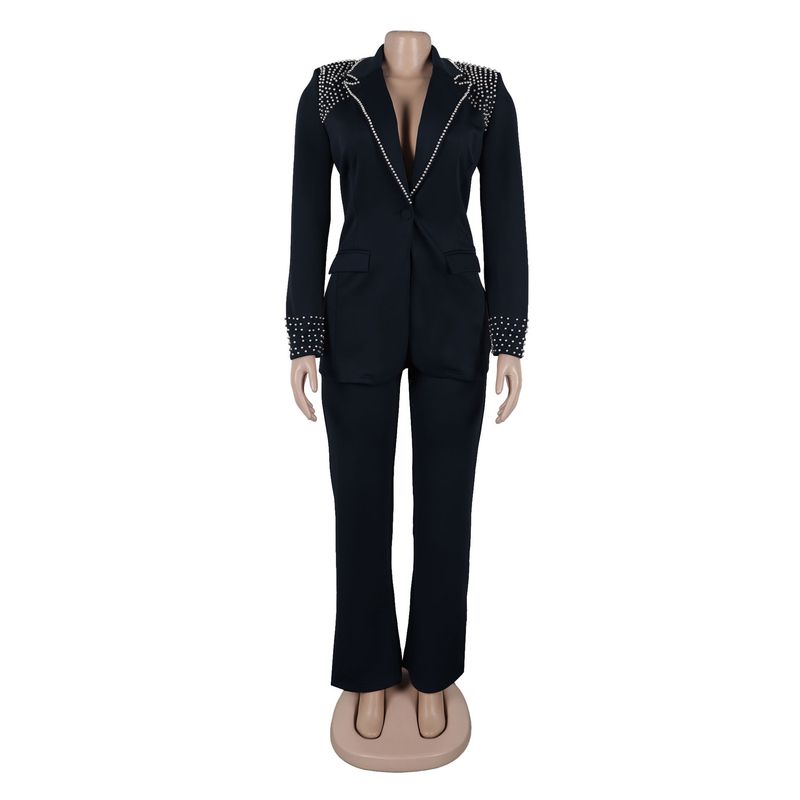 Traje de dos piezas ajustado de manga larga con perlas para mujer_voghion.com