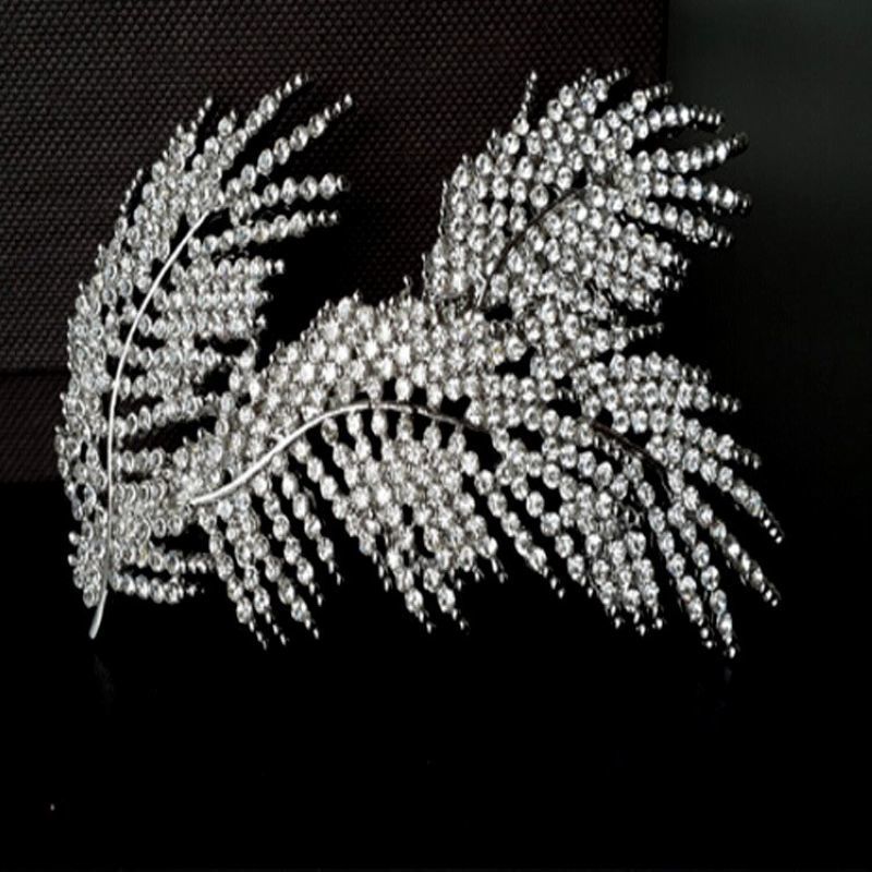 Aspetto elevato, super fata, semplice diamante scintillante barocco, fermaglio con bordo di piume a foglia, cerchietto per capelli da sposa, capelli_voghion.com