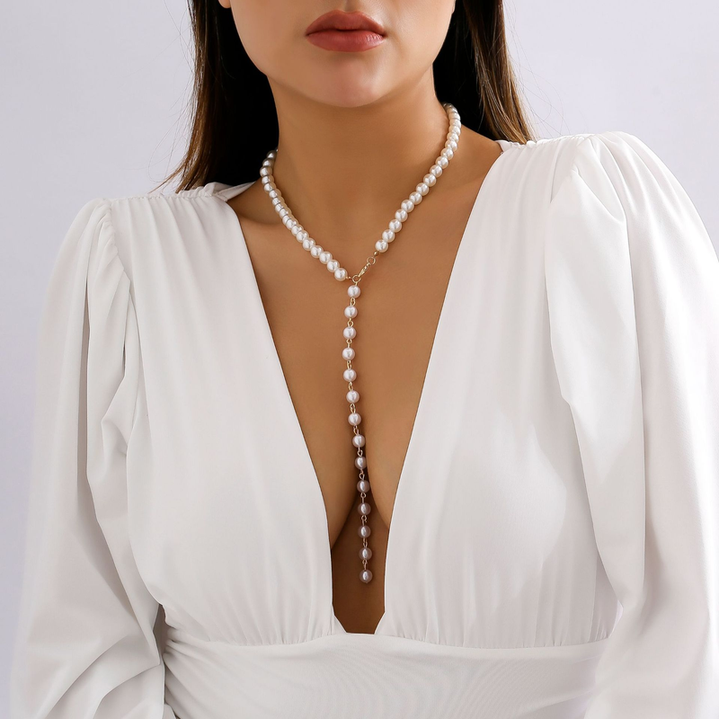 Chaîne de perles rondes Vintage, collier de perles simple, frange de perles, long collier de niche_voghion.com