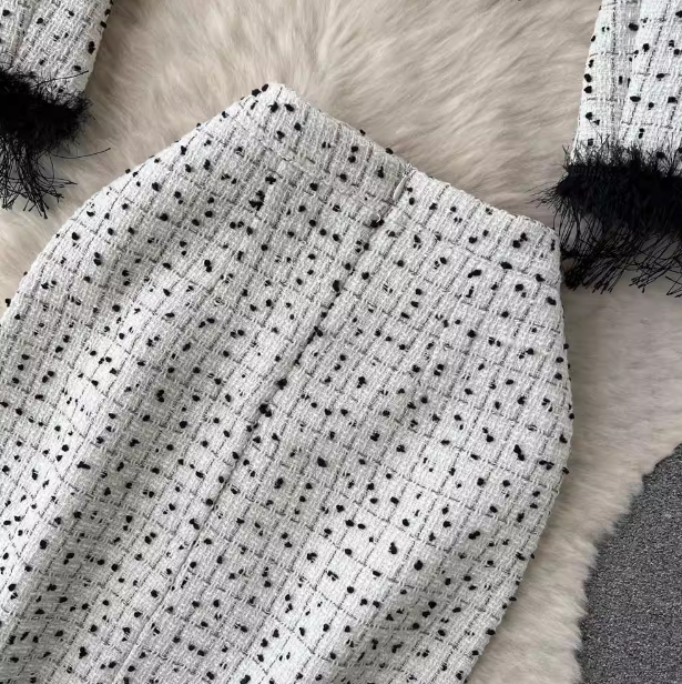 Abbigliamento Donna Nuovo completo autunnale e invernale per donna, giacca corta alla moda con nappe + gonna media lunghezza sui fianchi, completo in due pezzi_voghion.com