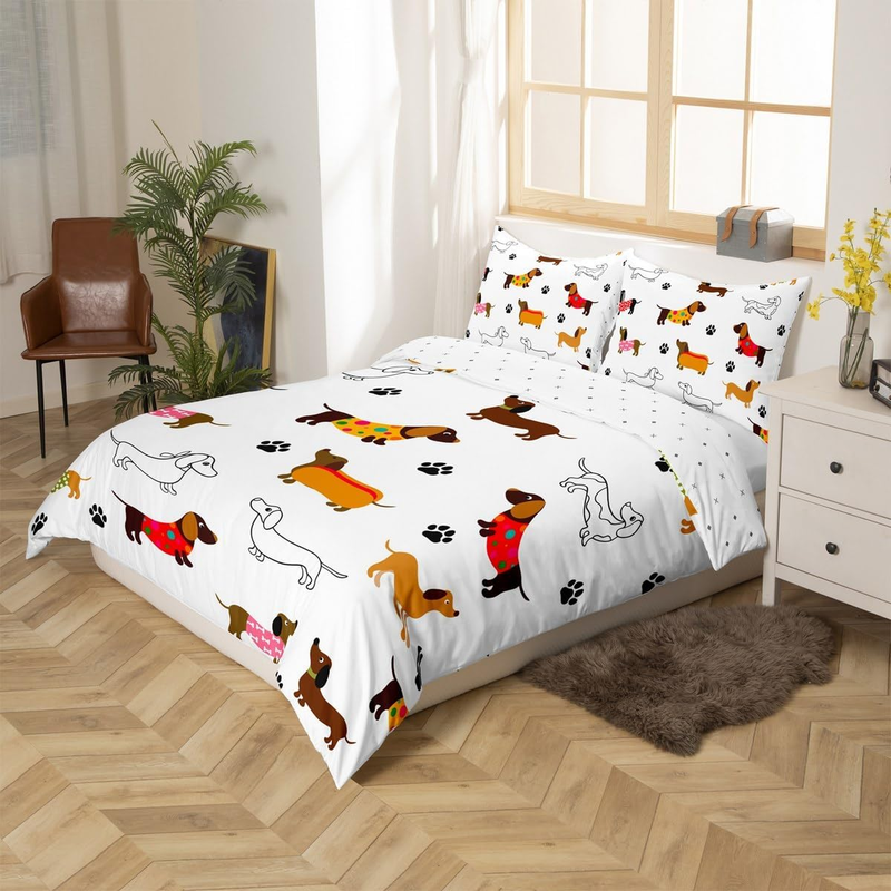 Cute Sausage Dog Duvet Cover Set Double Size For Kids Boys Girls Teens Dachshund Puppy Dog Bedding Set Cartoon Animals Comforter Cover With _voghion.com