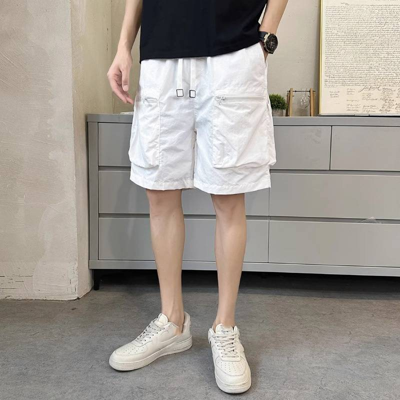 Snel drogende zomerse, dunne, effenkleurige, losse werkbroek met meerdere zakken voor heren, 5-inch casual, trendy merk sportbroek_voghion.com