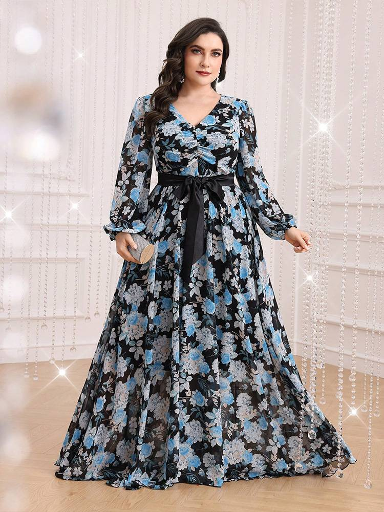 Vestido longo elegante de chiffon com decote em V, tamanho grande, com estampa floral e cinto para convidadas de casamento ou ocasiões formais_voghion.com