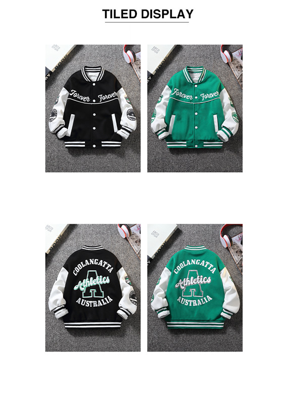 Baseballjacke für Jungen von Mother & Kids für Frühling und Herbst – trendige und hochwertige Oberbekleidung für Kinder von 6–12 Jahren (Schwarz/Grün, Buchstabendruck)_voghion.com