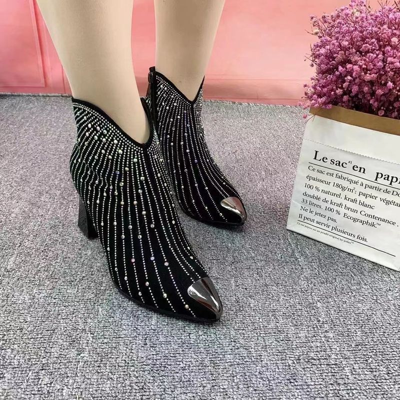 2025 Women's Autumn/Winter New Water Diamond Short Boots With Velvet Pointed Crystal High Heels, Fashionable And Versatile For Women_voghion.com