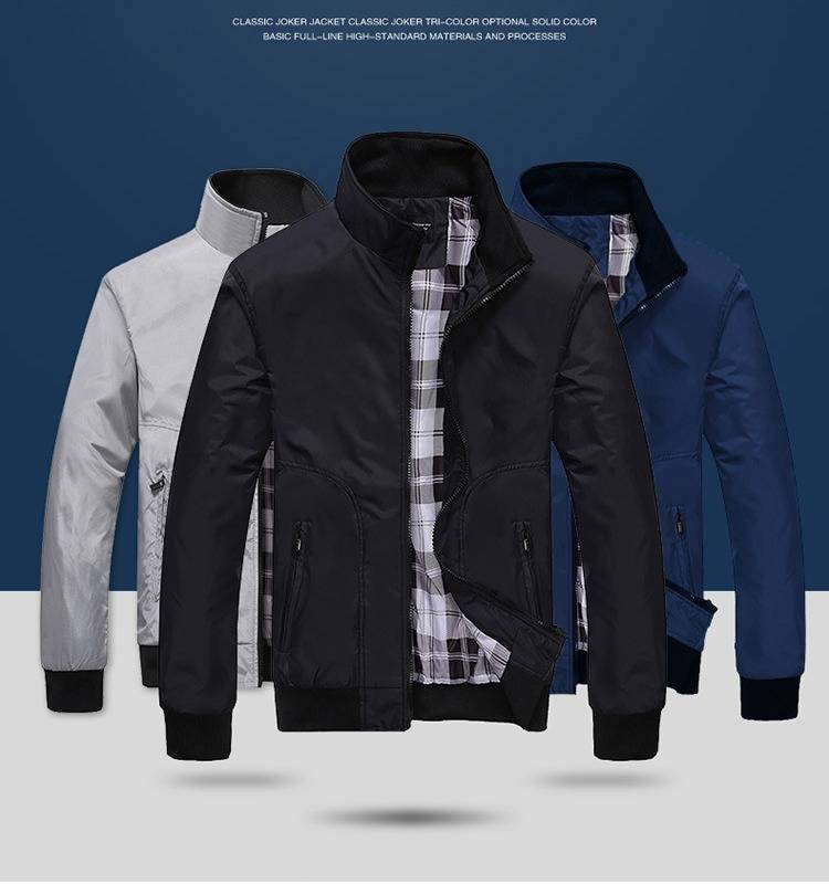 Men's Casual Baseball Jacket - Slim Fit Polyester Stand Collar Coat For Spring & Autumn - Trendy Workwear Style In Black, Blue, Light Gray, Khaki_voghion.com