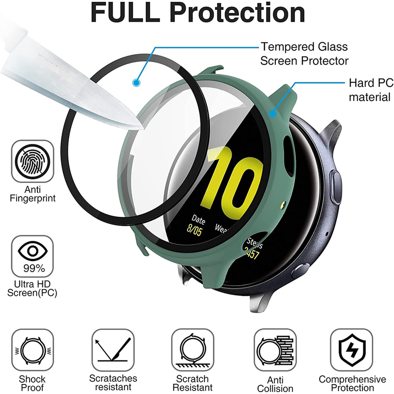 Matēts vāciņš Samsung Galaxy Watch Active 2 korpusam (44 mm, 40 mm), visaptverošs pārklājums, aizsargājoši buferi, stikla ekrāna aizsargs_voghion.com