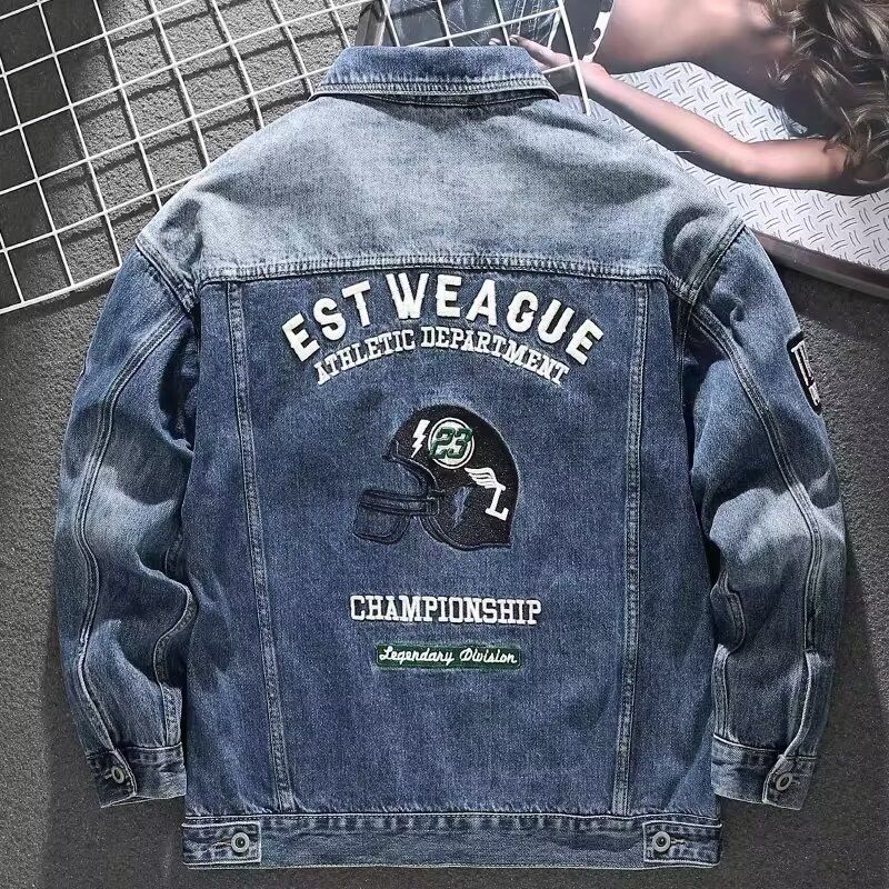 Neue Frühlings-High-Street-Jeansjacke mit lockerem Schnitt, trendiger, vielseitiger, bedruckter Jeansmantel für Männer_voghion.com