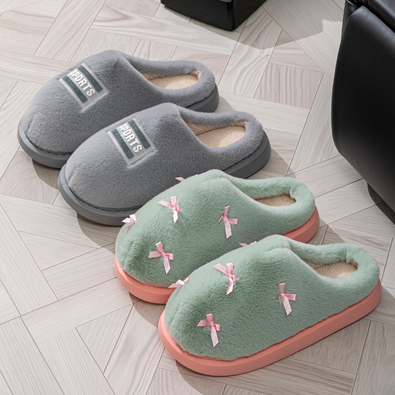 Flauschige Damen-Hausschuhe im Bowknot-Stil für den Innen- und Außenbereich im Herbst und Winter, dicke Sohle, mit Fleece gefüttert, warme Baumwollhausschuhe für Schwangere_voghion.com