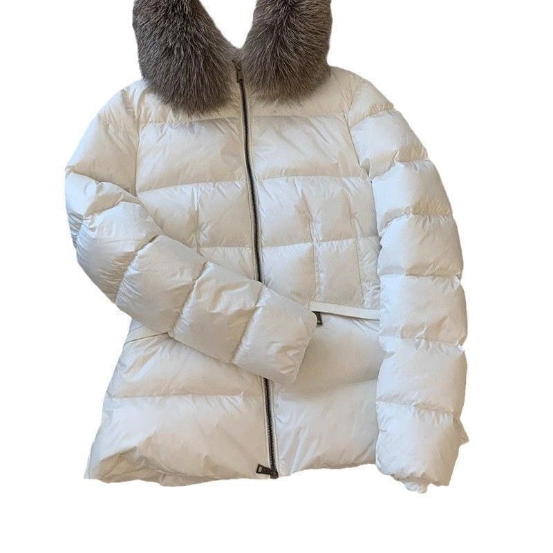 Raccoon Fur Collar 90% Goose Down Jacket Slim Waist High-End Women's Short Coat Winter White_voghion.com