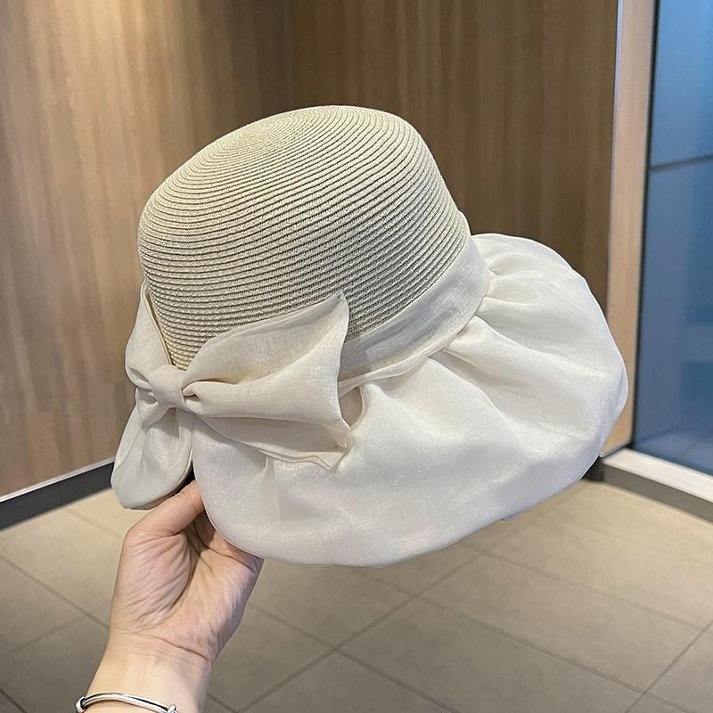 Cappello da sole estivo da donna in paglia con giunture, pieghevole, con protezione solare, protezione UV, con fiocco_voghion.com