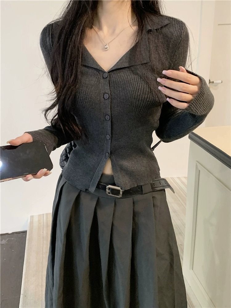 Maglietta base in maglia con colletto polo in stile francese per donna, cardigan sottile per autunno e inverno, vestibilità slim interna lunga_voghion.com