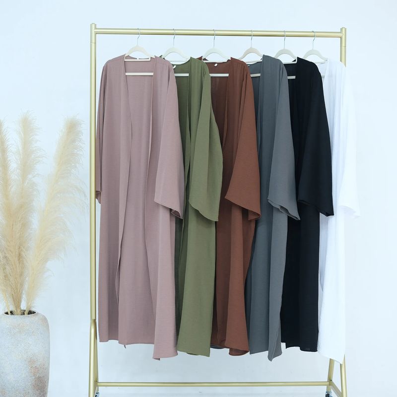 Schlichtes 3-teiliges Abaya-Set – Langärmlige Strickjacke mit offener Vorderseite, Hose mit weitem Bein und Unterkleid (Dunkelbraun/Beige/Marineblau/Schwarz/Grün/Pink)_voghion.com
