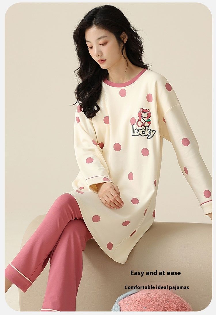 Pajamas for women in spring and autumn, winter pure cotton sleeved cute home clothes, 2023 new set, medium to long_voghion.com