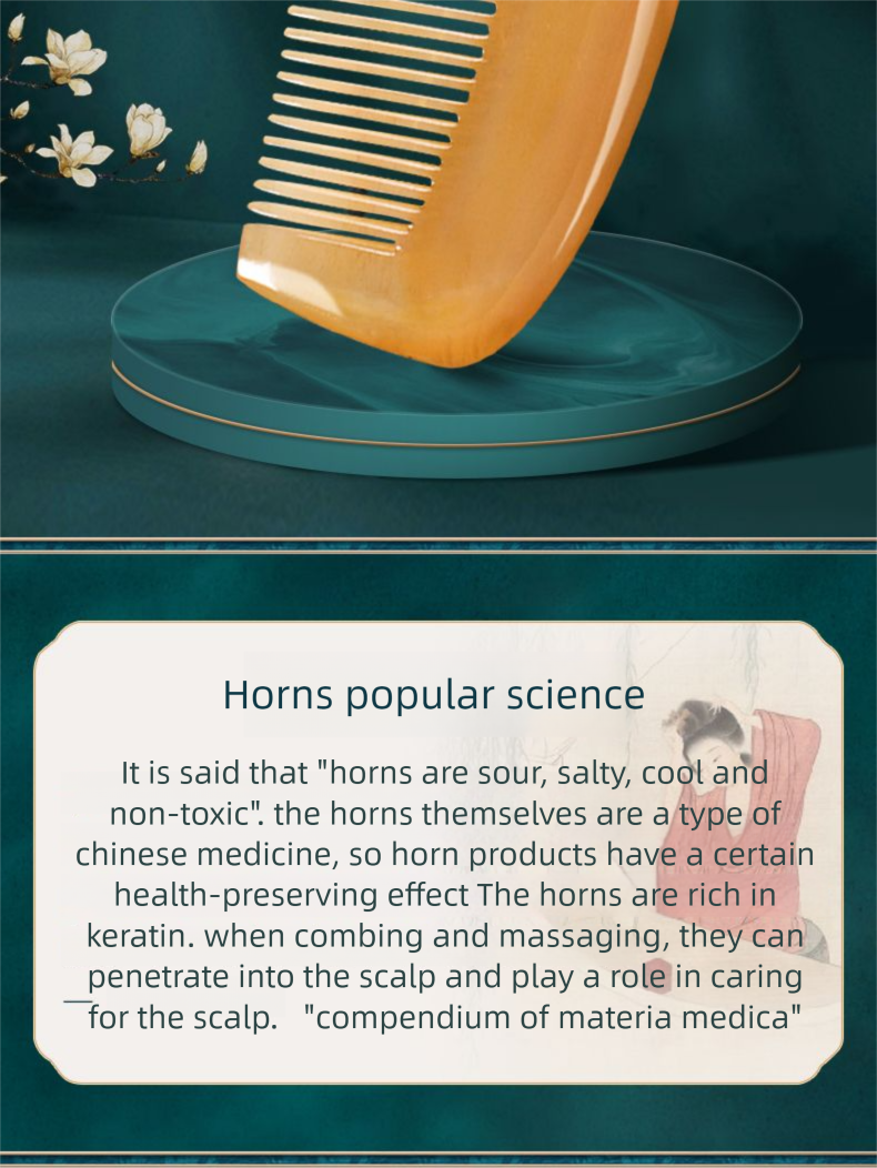 Natuurlijke gele os witte yakhoorn verdikt draagbaar speciaal dameskam met dichte tanden en gegraveerd lang haar_voghion.com