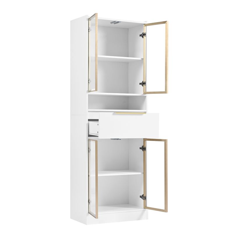 Meuble haut blanc moderne avec éclairage LED 16 couleurs et Bluetooth, 60 x 35 x 180 cm, vitrine avec tiroir et façade en verre, placard de rangement pour salon, chambre ou bureau, MDF et verre de sécurité._voghion.com