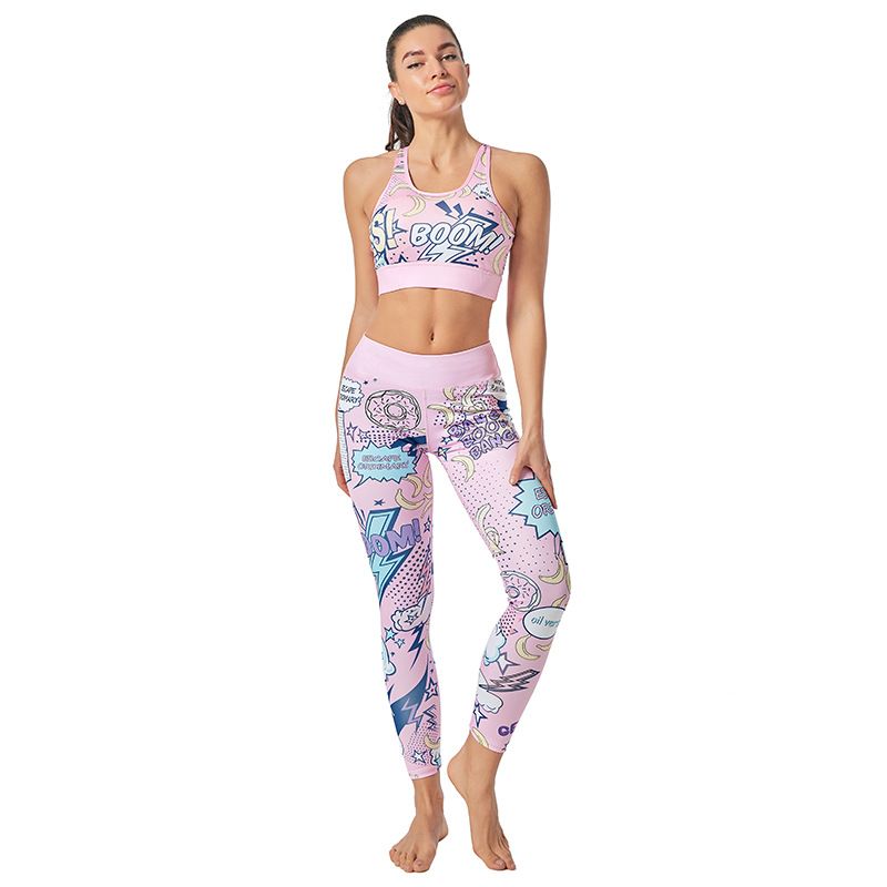 Clothing Set Cartoon Alphabet Pattern Women Sports Bra Printed Yoga Pants Leggings_voghion.com