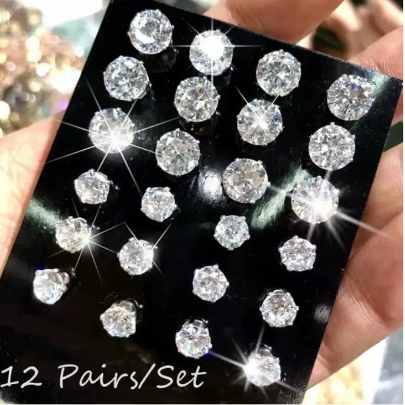 Conjunto de 12 pares/pacote de brincos de zircônia brilhante para mulheres e homens, versátil, chique, cor prata, cristal, joias para orelha, acessórios_voghion.com