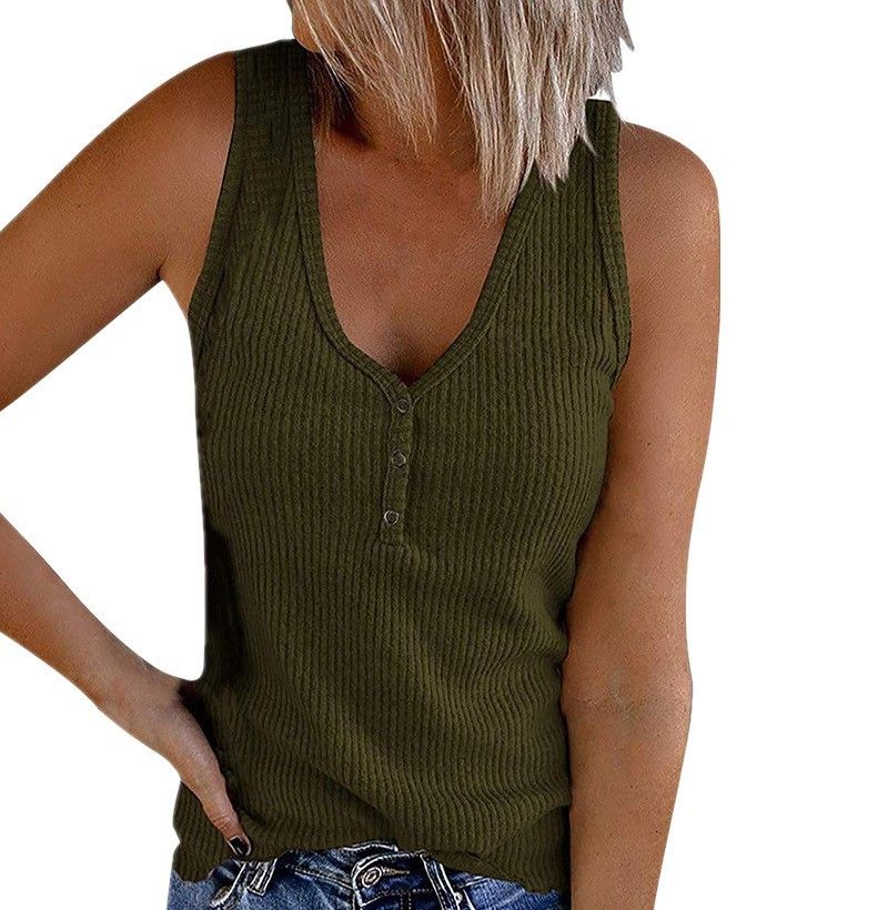 2025 New Women's Button Vest Solid Color V-neck Sleeveless T-shirt Top Creative Creation_voghion.com