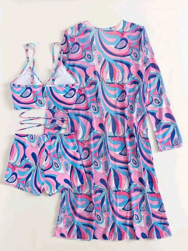 Women's Split Chest Drawstring High Waist Boxer Underwear Digital Printing Long Concealer Swimsuit_voghion.com