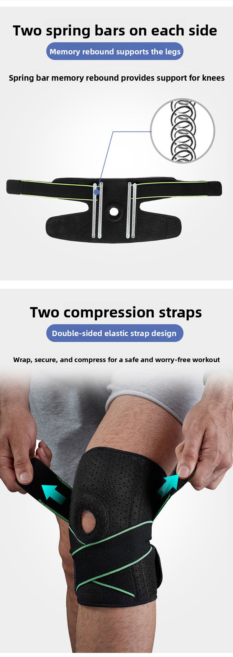 Genouillère à ressort avec sangles de compression pour le basketball, la randonnée, le cyclisme et la course à pied ; support de jambe en tissu respirant et rafraîchissant._voghion.com