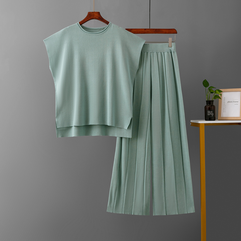 Chaleco sin mangas de color liso para mujer, suéter, pantalones de pierna ancha, traje de seda de hielo de talla grande_voghion.com